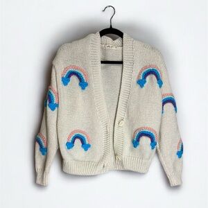 Whimsical Rainbow kawaii Cardigan Sweater Chunky Knit Embroidered Rainbows art